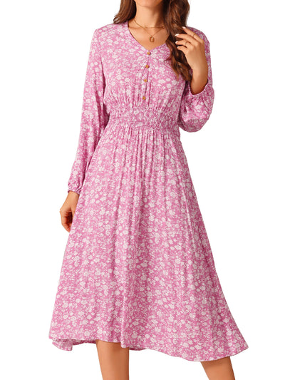 Women's Floral V Neck Dresses Long Sleeve Button Decor Smocked Waist Midi Dress with Pockets