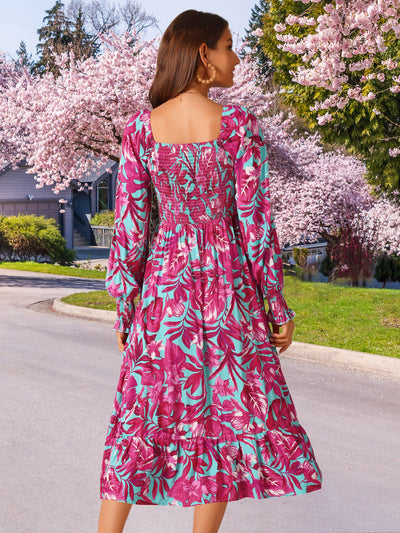 Women's Casual Floral Long Sleeve Square Neck Smocked Ruffle Hem Flowy Midi Dress with Pockets