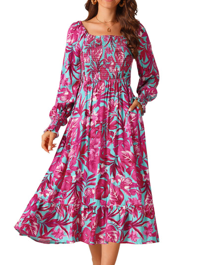 Women's Casual Floral Long Sleeve Square Neck Smocked Ruffle Hem Flowy Midi Dress with Pockets