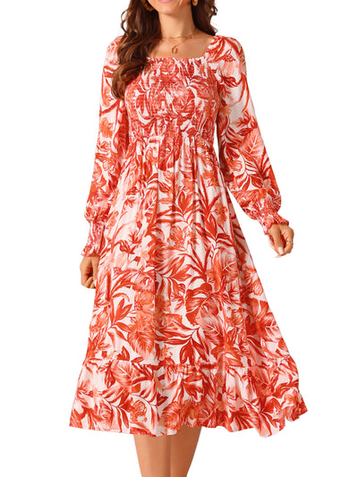 Women's Casual Floral Long Sleeve Square Neck Smocked Ruffle Hem Flowy Midi Dress with Pockets