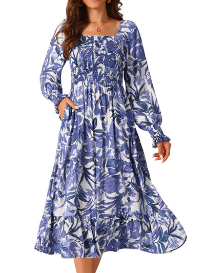 Women's Casual Floral Long Sleeve Square Neck Smocked Ruffle Hem Flowy Midi Dress with Pockets