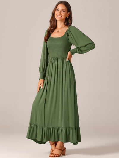 Women's Casual Long Sleeve Scoop Neck Smocked Tiered Flowy Fall Maxi Dresses with Pockets