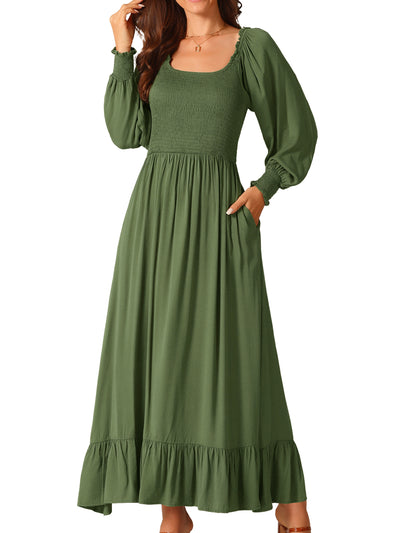 Women's Casual Long Sleeve Scoop Neck Smocked Tiered Flowy Fall Maxi Dresses with Pockets