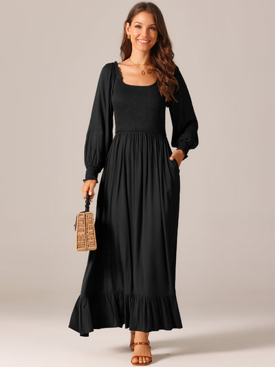 Women's Casual Long Sleeve Scoop Neck Smocked Tiered Flowy Fall Maxi Dresses with Pockets