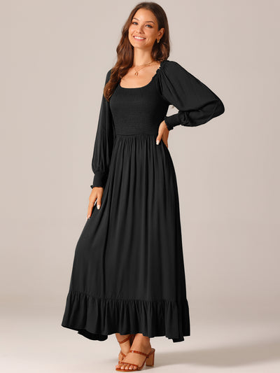 Women's Casual Long Sleeve Scoop Neck Smocked Tiered Flowy Fall Maxi Dresses with Pockets