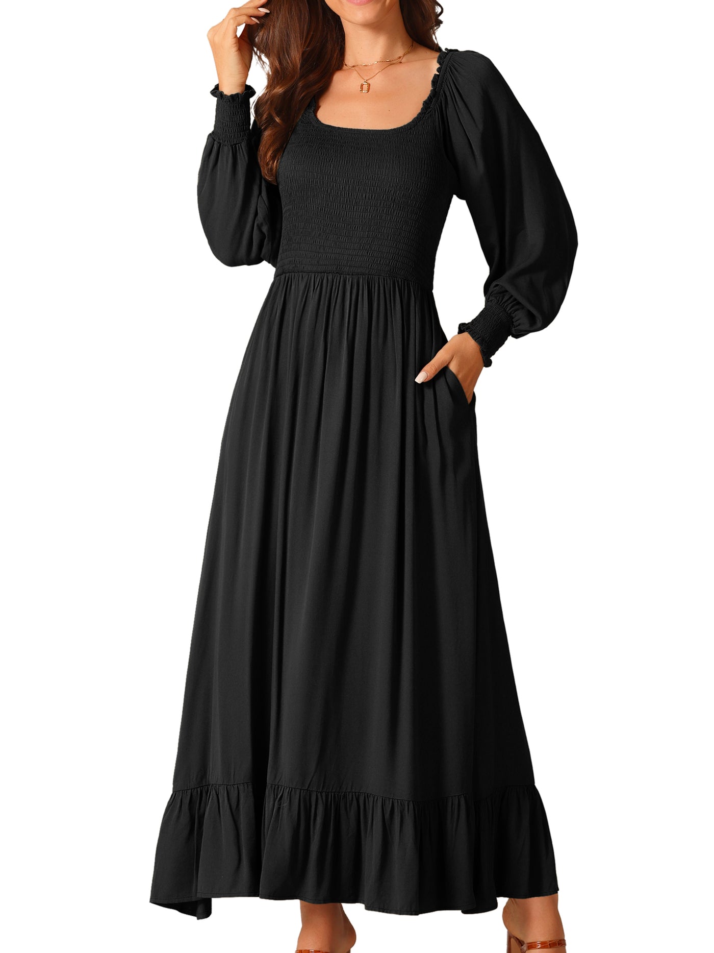 Bublédon Women's Casual Long Sleeve Scoop Neck Smocked Tiered Flowy Fall Maxi Dresses with Pockets