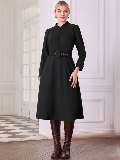 Bublédon Women's Vintage A-Line Dress Mock Neck Long Sleeve Belted Work Flare Dresses