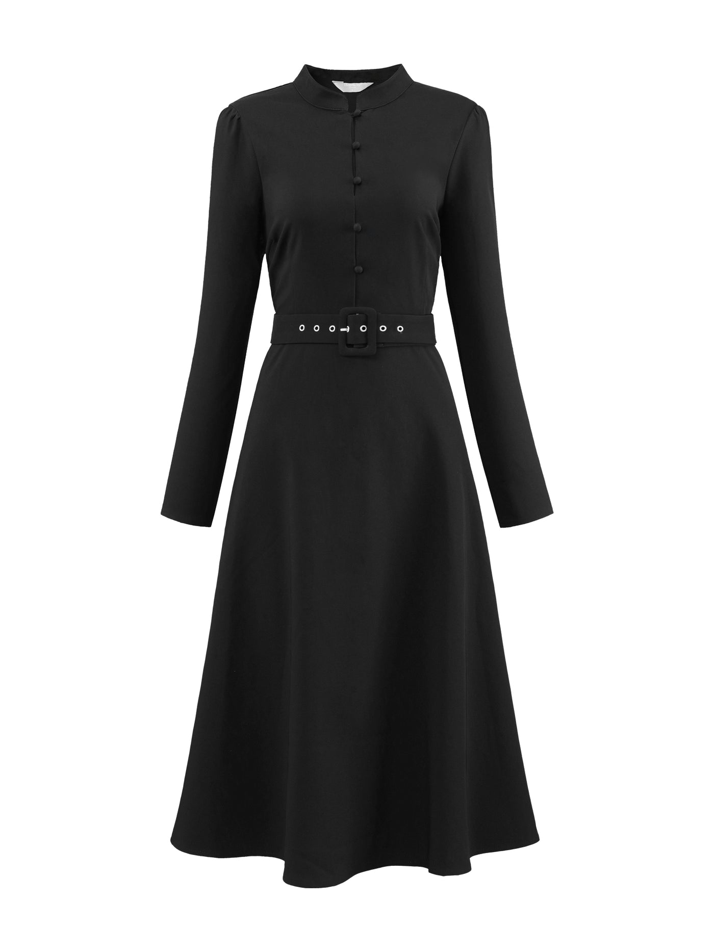 Bublédon Women's Vintage A-Line Dress Mock Neck Long Sleeve Belted Work Flare Dresses