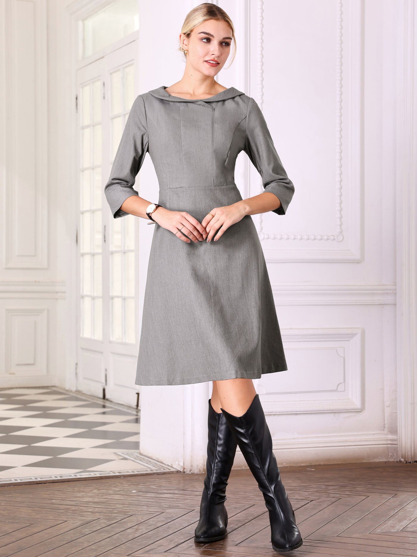 Bublédon Women's Peter Pan Collar Dress 3/4 Sleeve a Line Elegant Wear to Work Dresses