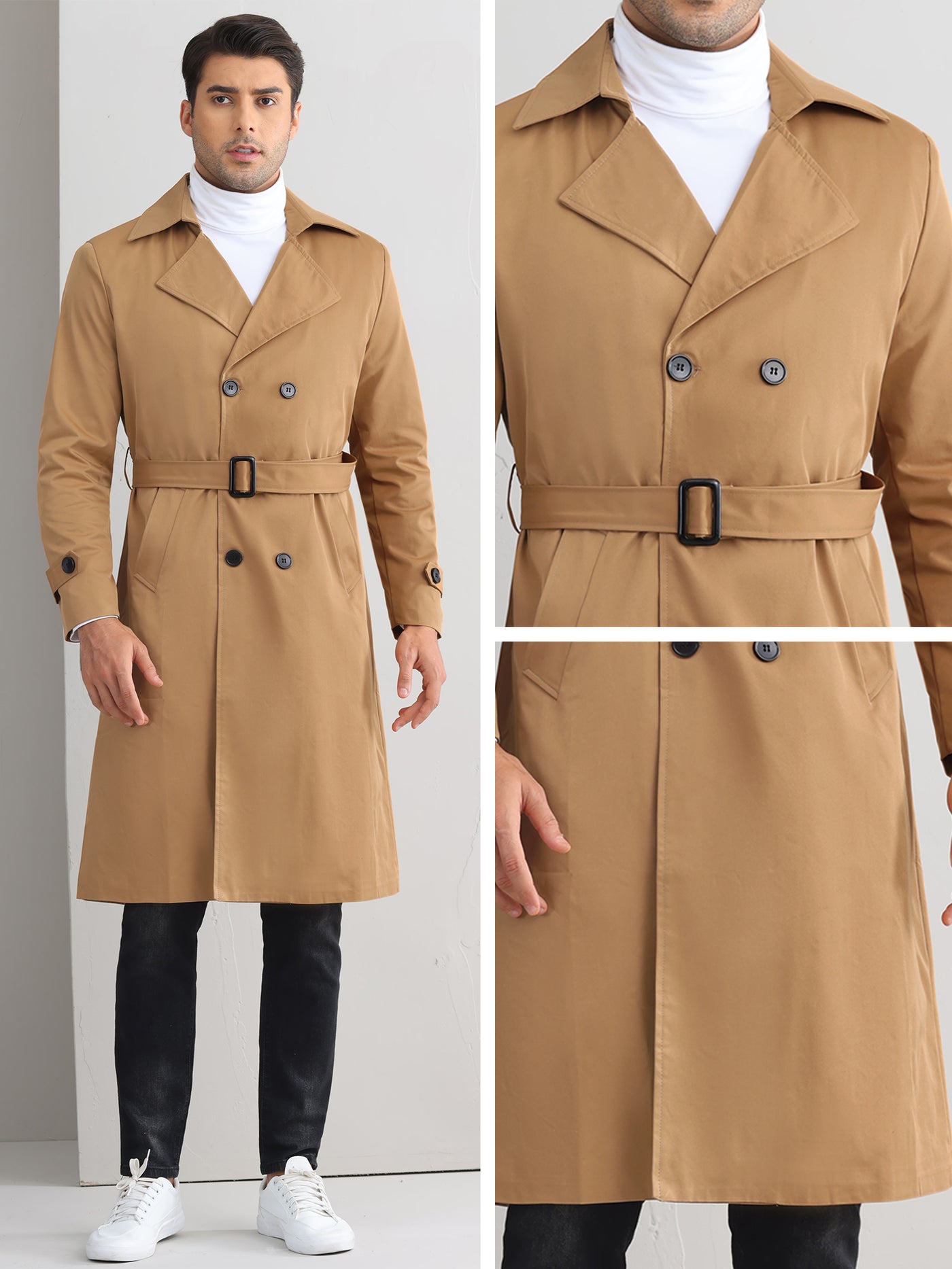 Bublédon Winter Trench Coat for Men's Double Breasted Belted Long Jacket Overcoats