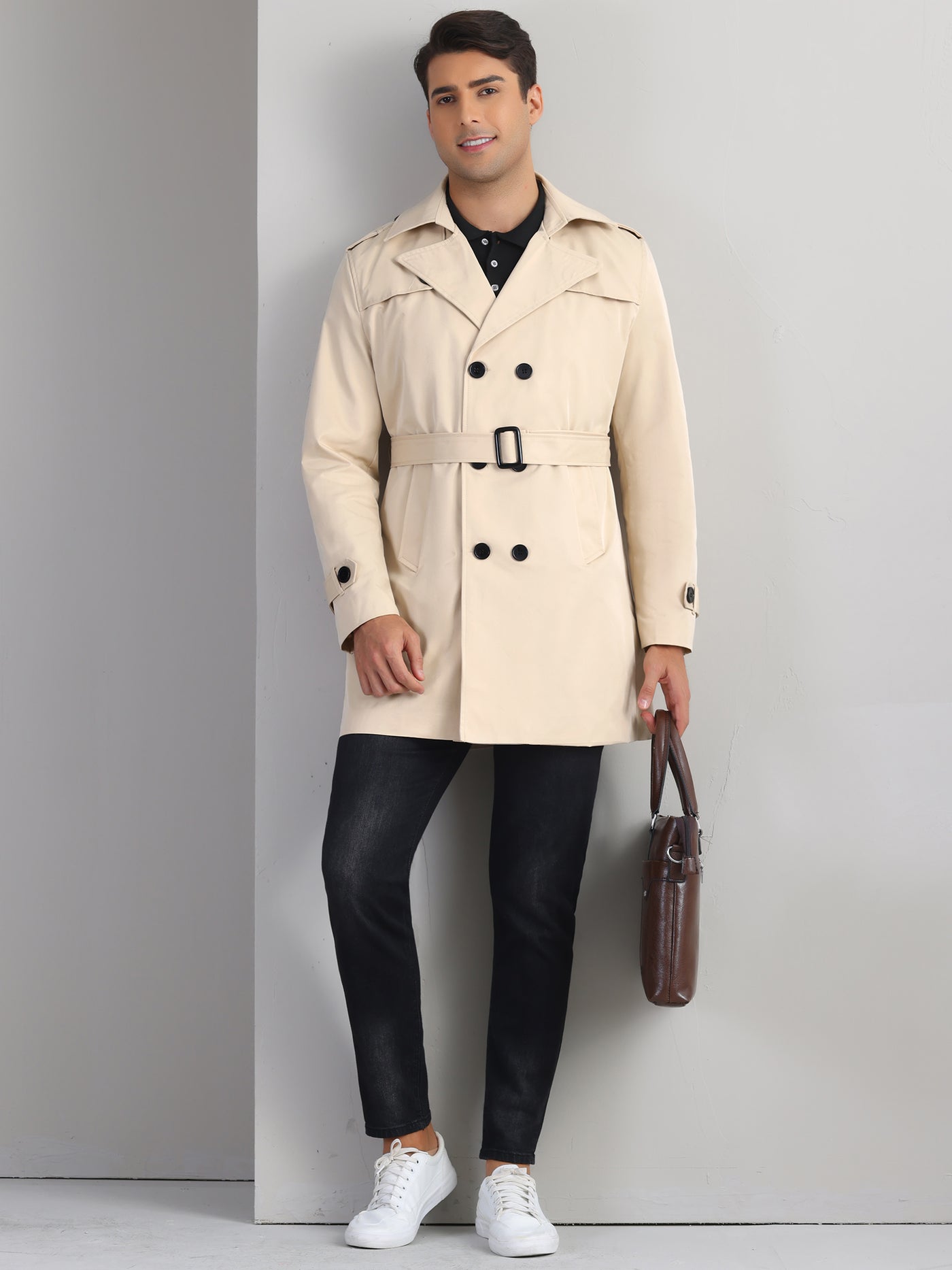 Bublédon Business Trench Coat for Men's Double Breasted Notched Lapel Winter Overcoats