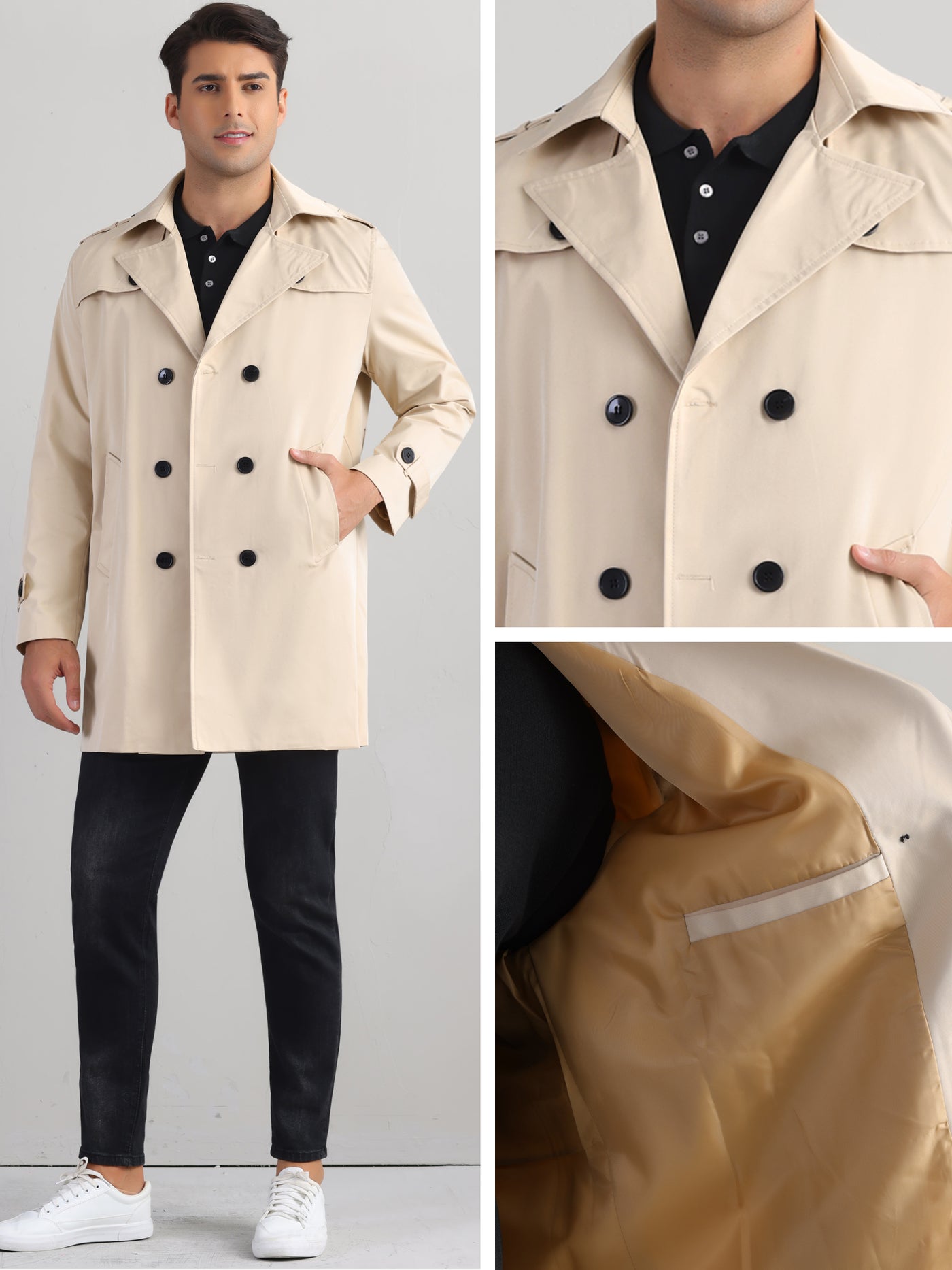 Bublédon Business Trench Coat for Men's Double Breasted Notched Lapel Winter Overcoats