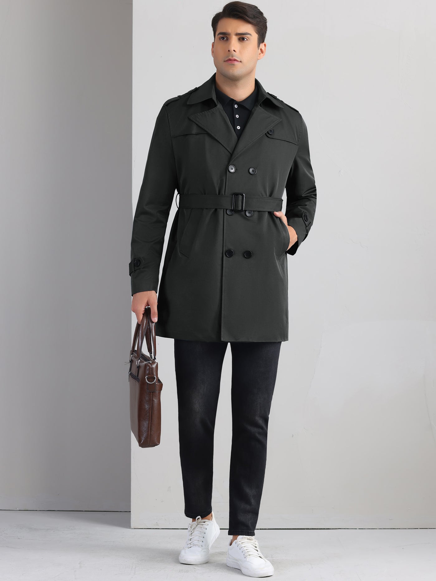 Bublédon Business Trench Coat for Men's Double Breasted Notched Lapel Winter Overcoats