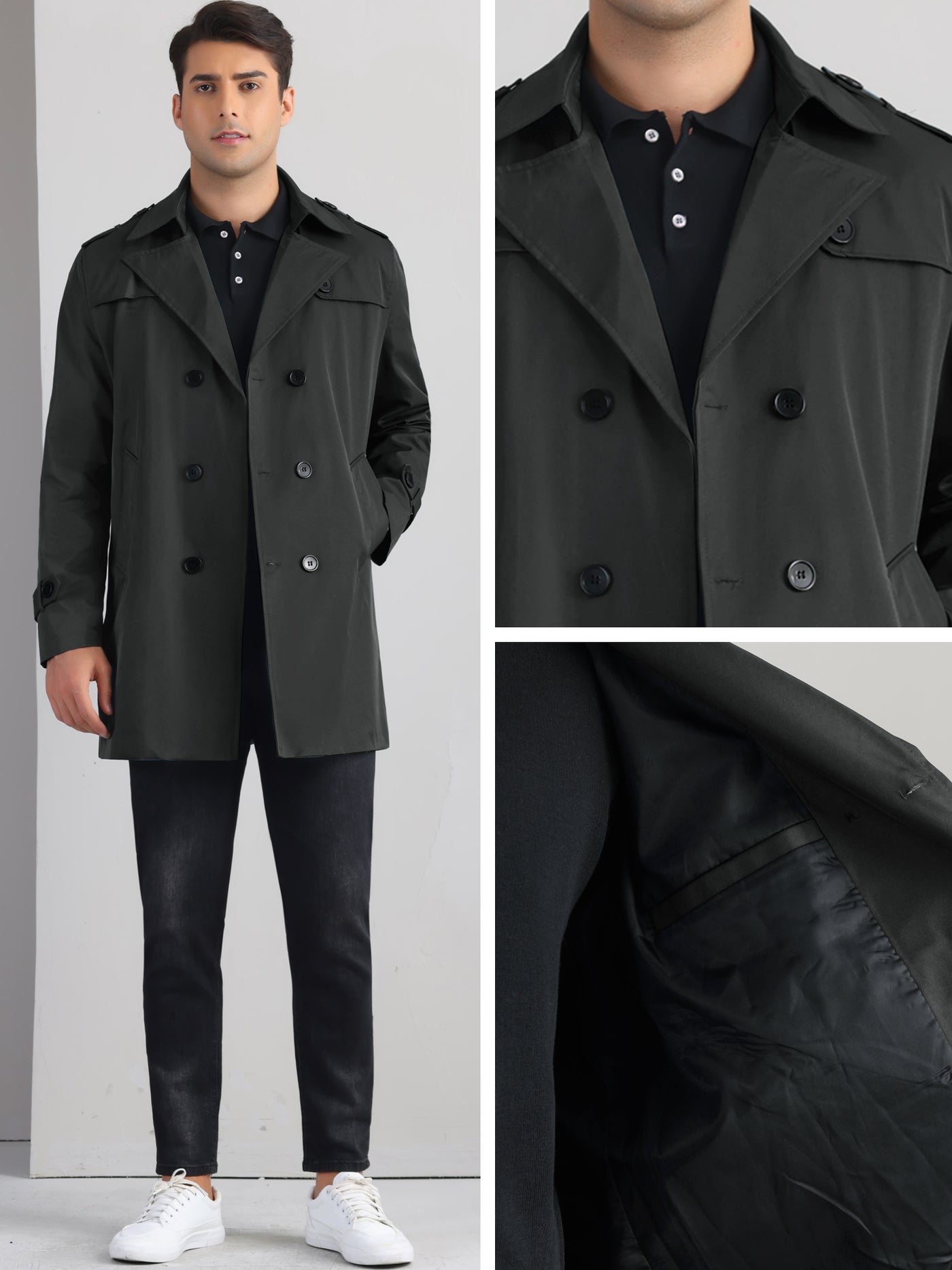 Bublédon Business Trench Coat for Men's Double Breasted Notched Lapel Winter Overcoats