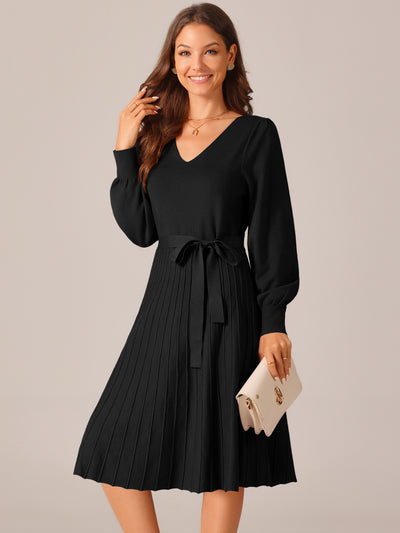 Bublédon Women's V Neck Tie Waist Casual Long Sleeve Pleated Knit A-Line Sweater Dress