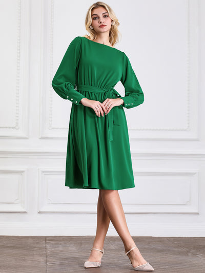 Women's Boat Neck Flare Dress Long Puff Sleeve Tie Waist Casual Work A-Line Dresses