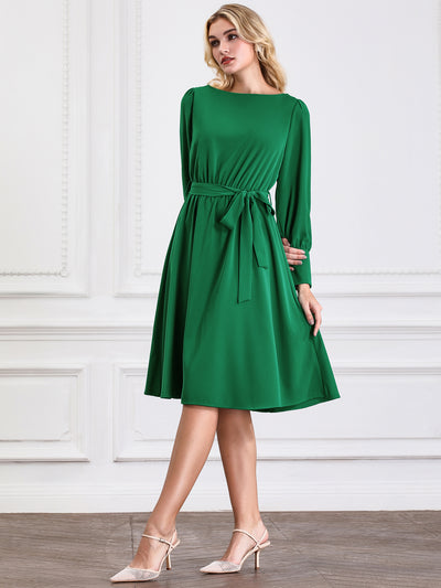 Women's Boat Neck Flare Dress Long Puff Sleeve Tie Waist Casual Work A-Line Dresses