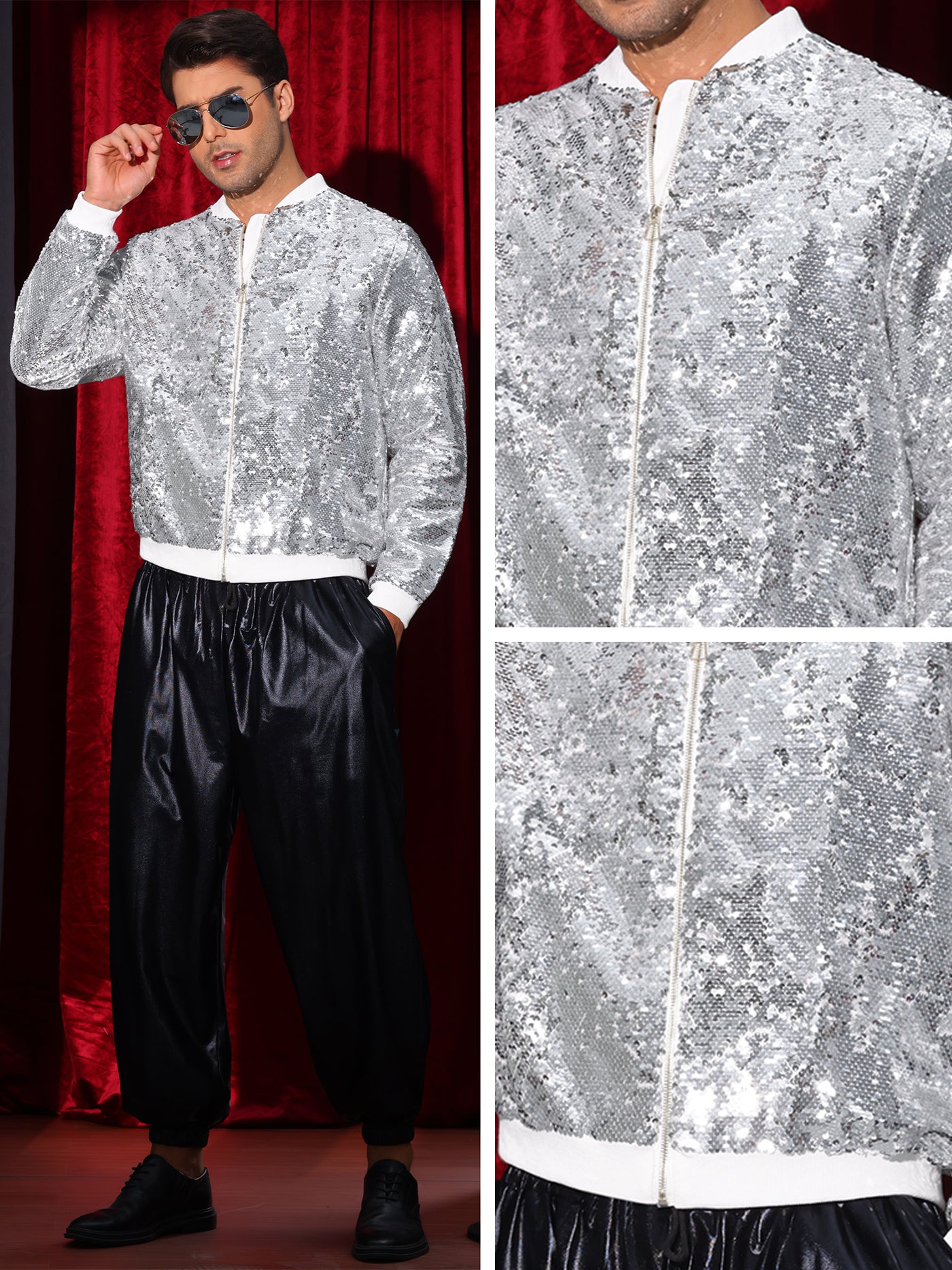 Bublédon Shiny Sequin BomberJacket for Men's Zip Up Party Disco Metallic Varsity Jackets