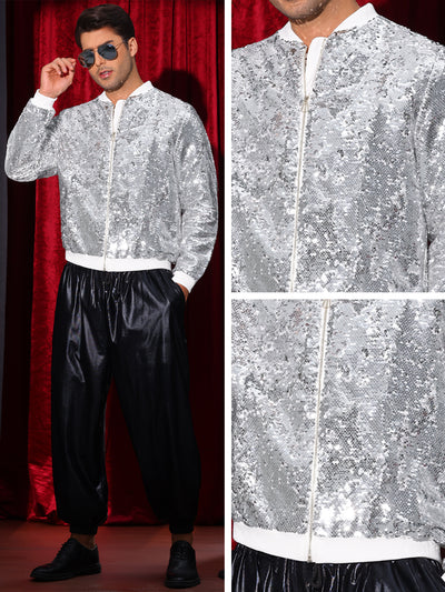 Shiny Sequin BomberJacket for Men's Zip Up Party Disco Metallic Varsity Jackets