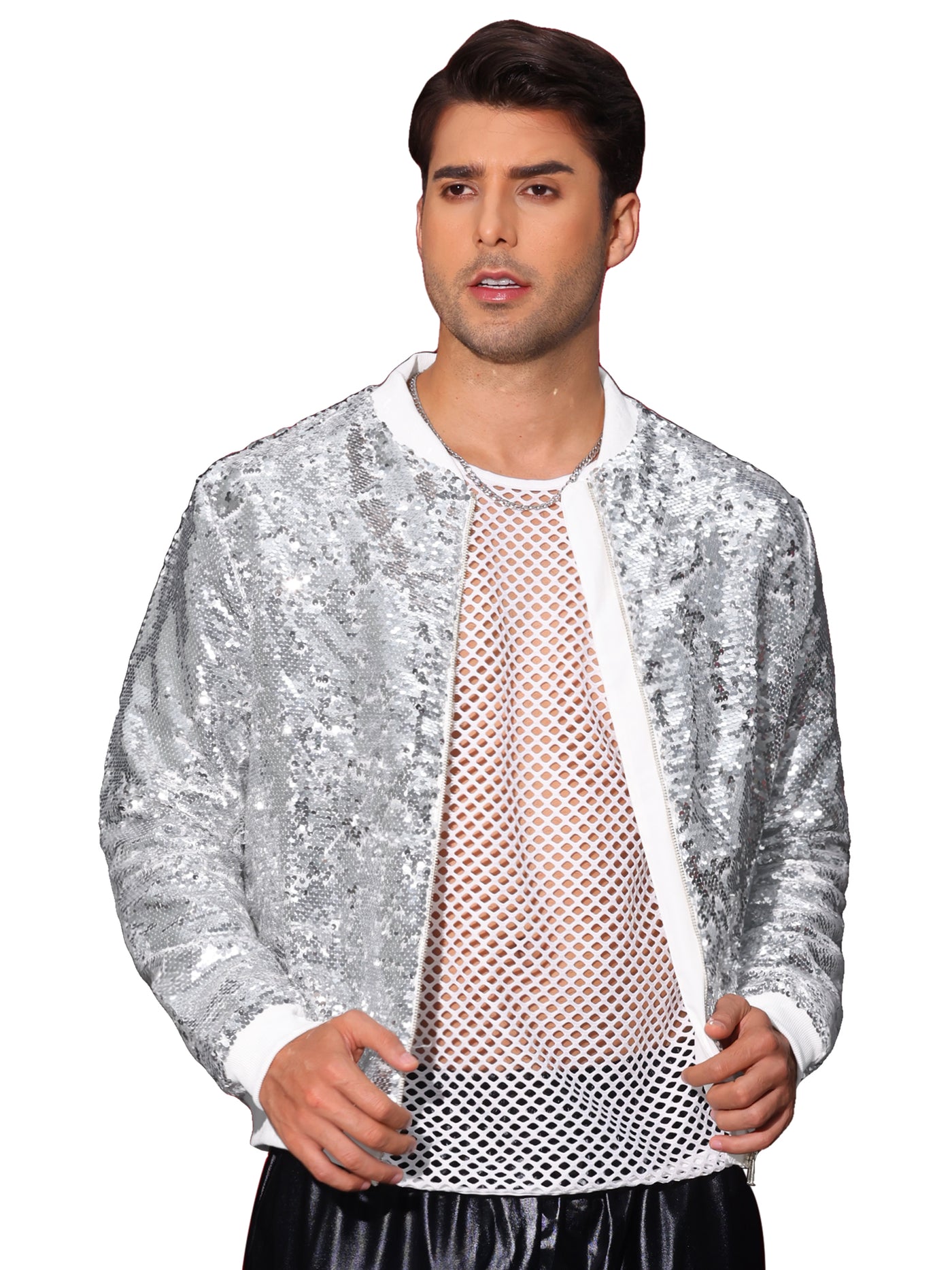 Bublédon Shiny Sequin BomberJacket for Men's Zip Up Party Disco Metallic Varsity Jackets