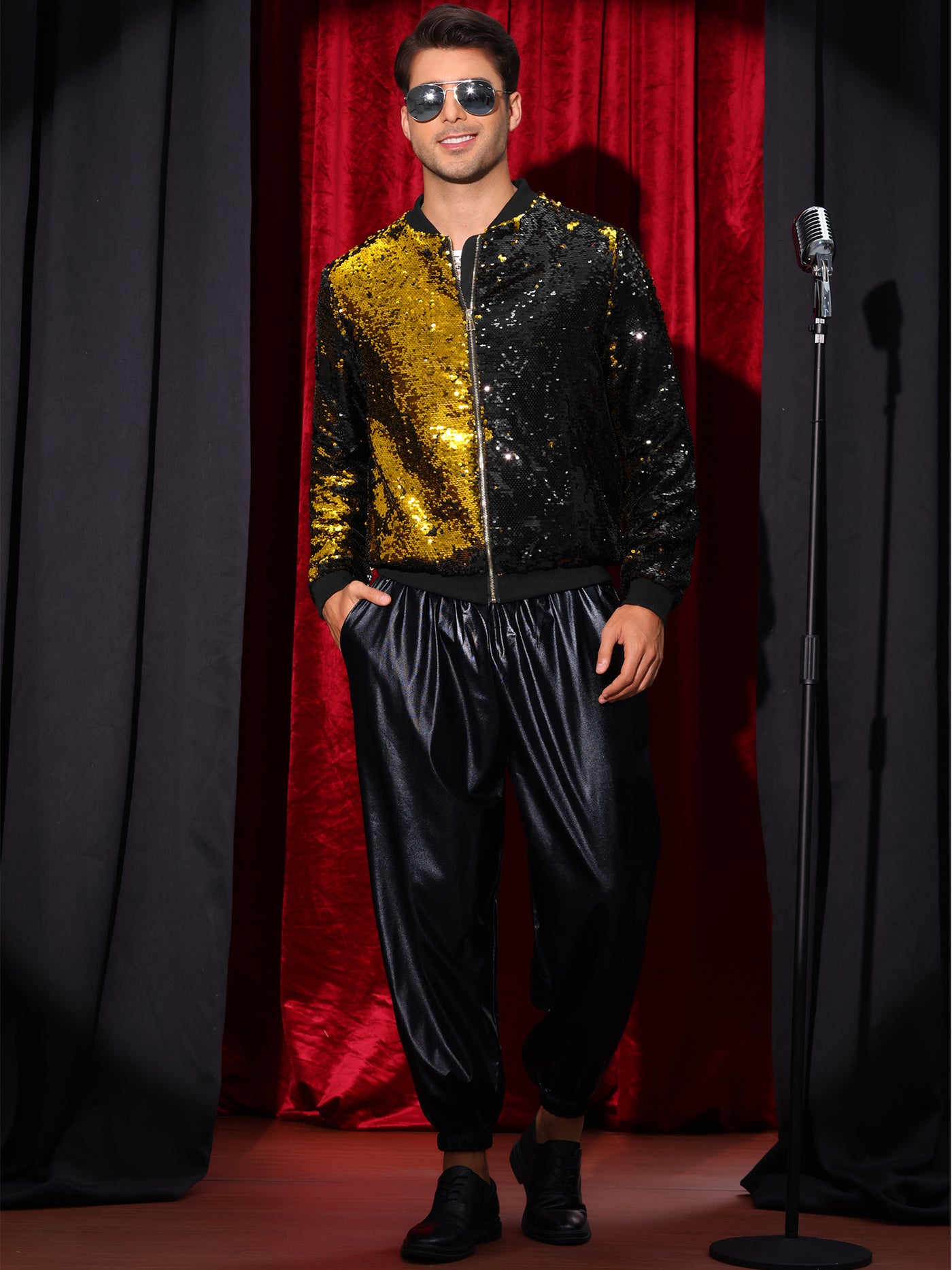 Bublédon Shiny Sequin BomberJacket for Men's Zip Up Party Disco Metallic Varsity Jackets