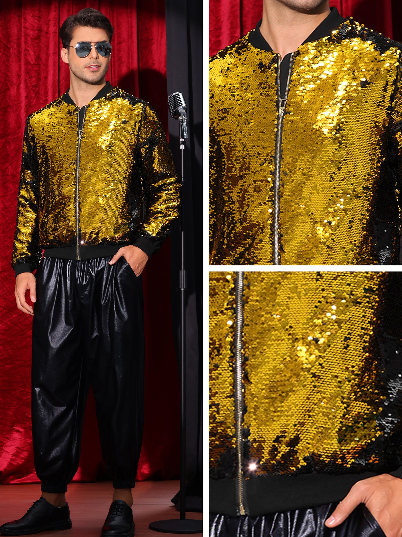 Bublédon Shiny Sequin BomberJacket for Men's Zip Up Party Disco Metallic Varsity Jackets