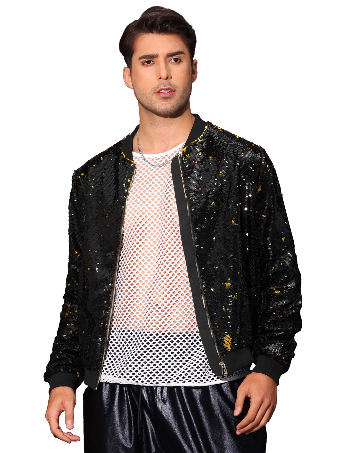 Bublédon Shiny Sequin BomberJacket for Men's Zip Up Party Disco Metallic Varsity Jackets