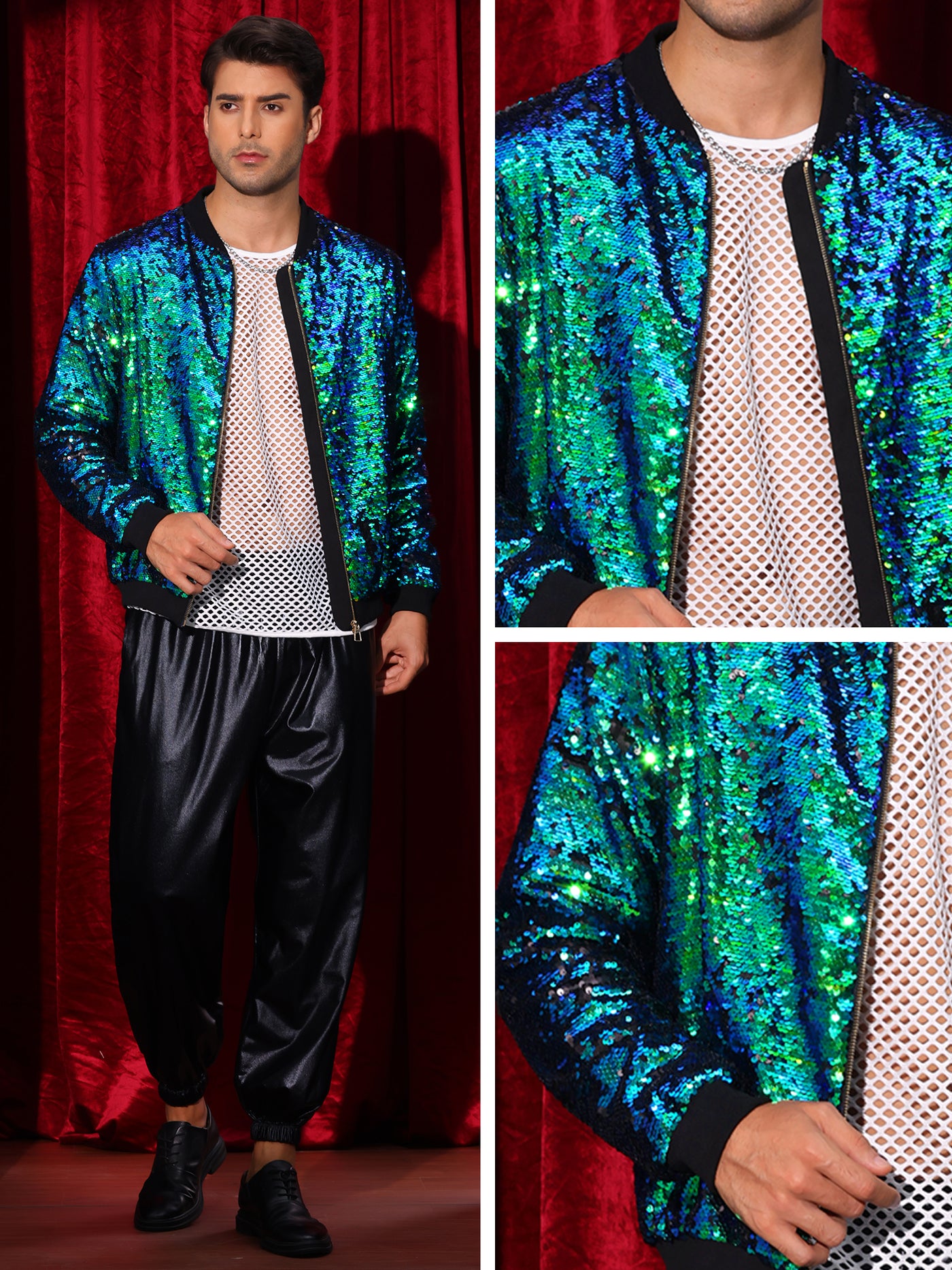 Bublédon Shiny Sequin BomberJacket for Men's Zip Up Party Disco Metallic Varsity Jackets