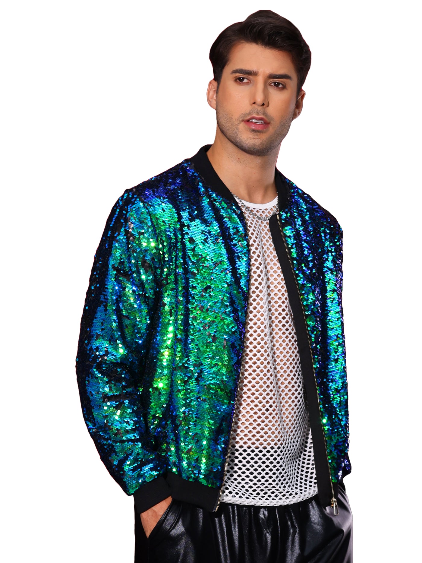 Bublédon Shiny Sequin BomberJacket for Men's Zip Up Party Disco Metallic Varsity Jackets