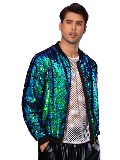 Shiny Sequin BomberJacket for Men's Zip Up Party Disco Metallic Varsity Jackets