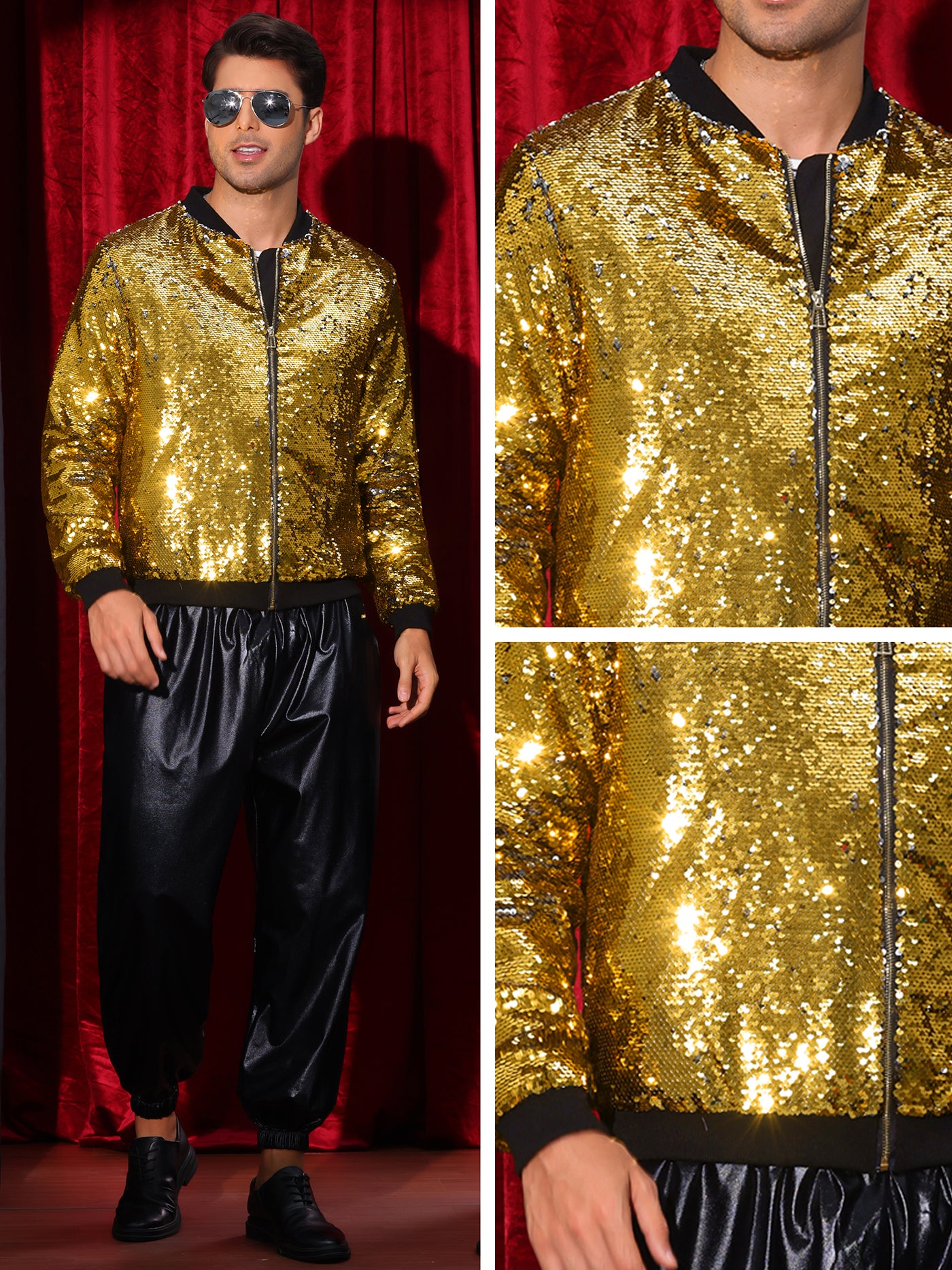 Bublédon Shiny Sequin BomberJacket for Men's Zip Up Party Disco Metallic Varsity Jackets