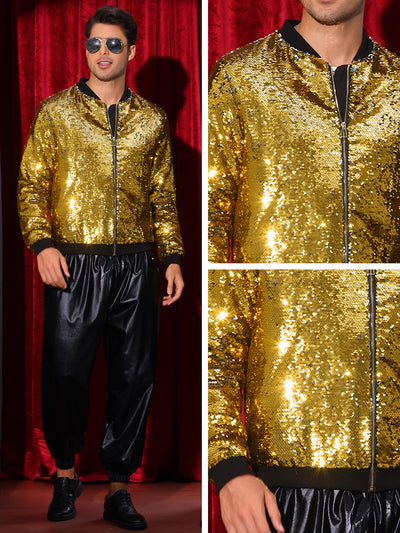 Shiny Sequin BomberJacket for Men's Zip Up Party Disco Metallic Varsity Jackets