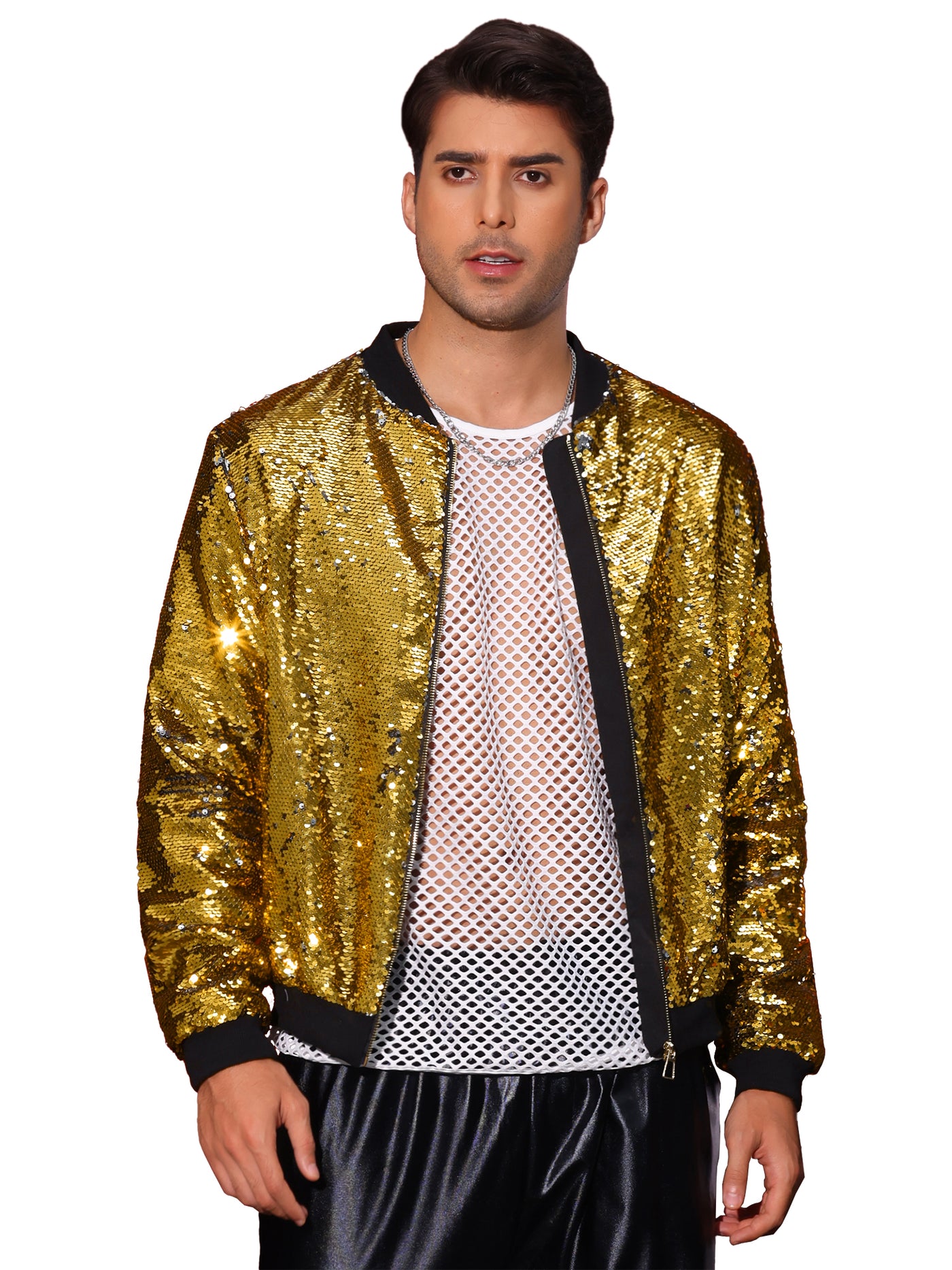 Bublédon Shiny Sequin BomberJacket for Men's Zip Up Party Disco Metallic Varsity Jackets