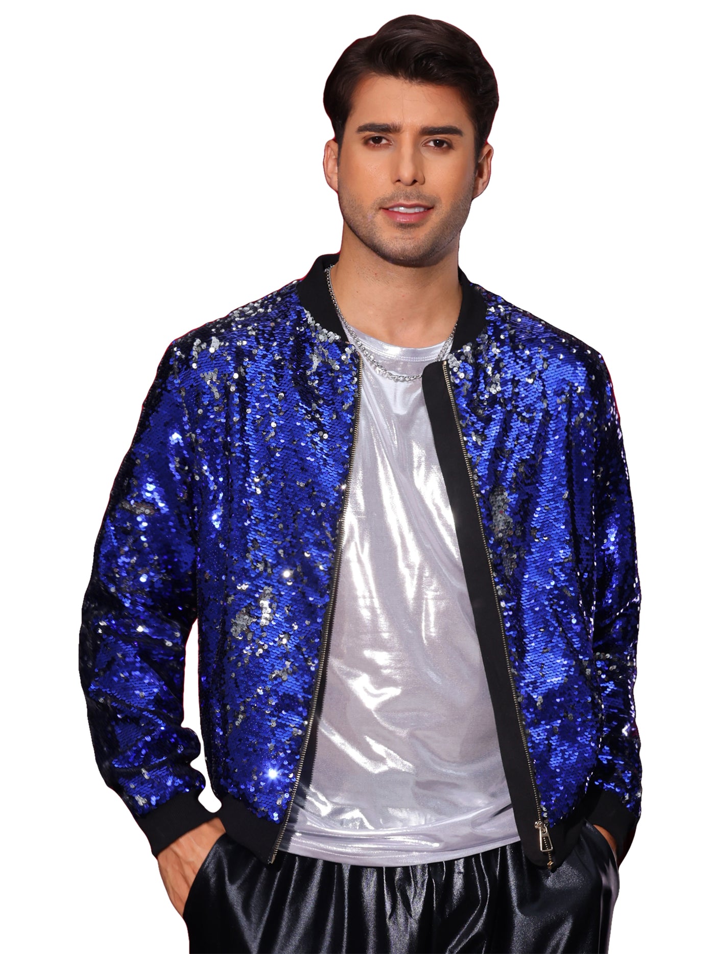 Bublédon Shiny Sequin BomberJacket for Men's Zip Up Party Disco Metallic Varsity Jackets