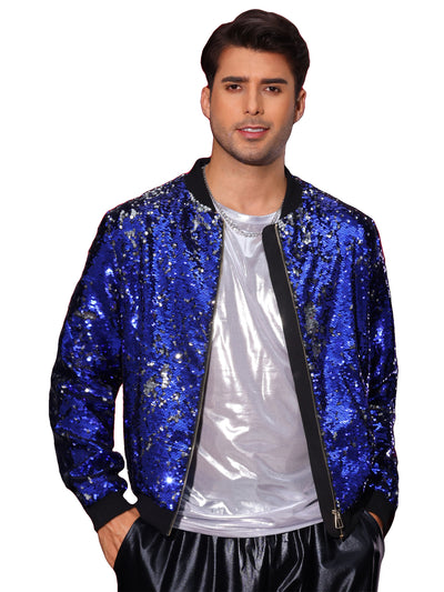 Shiny Sequin BomberJacket for Men's Zip Up Party Disco Metallic Varsity Jackets