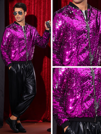 Shiny Sequin BomberJacket for Men's Zip Up Party Disco Metallic Varsity Jackets