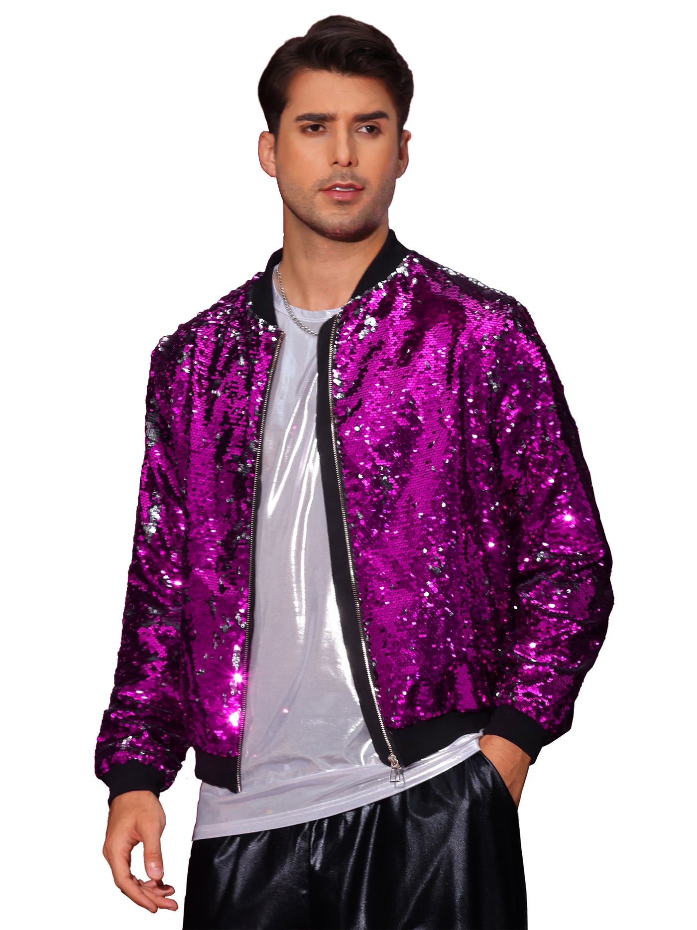 Bublédon Shiny Sequin BomberJacket for Men's Zip Up Party Disco Metallic Varsity Jackets