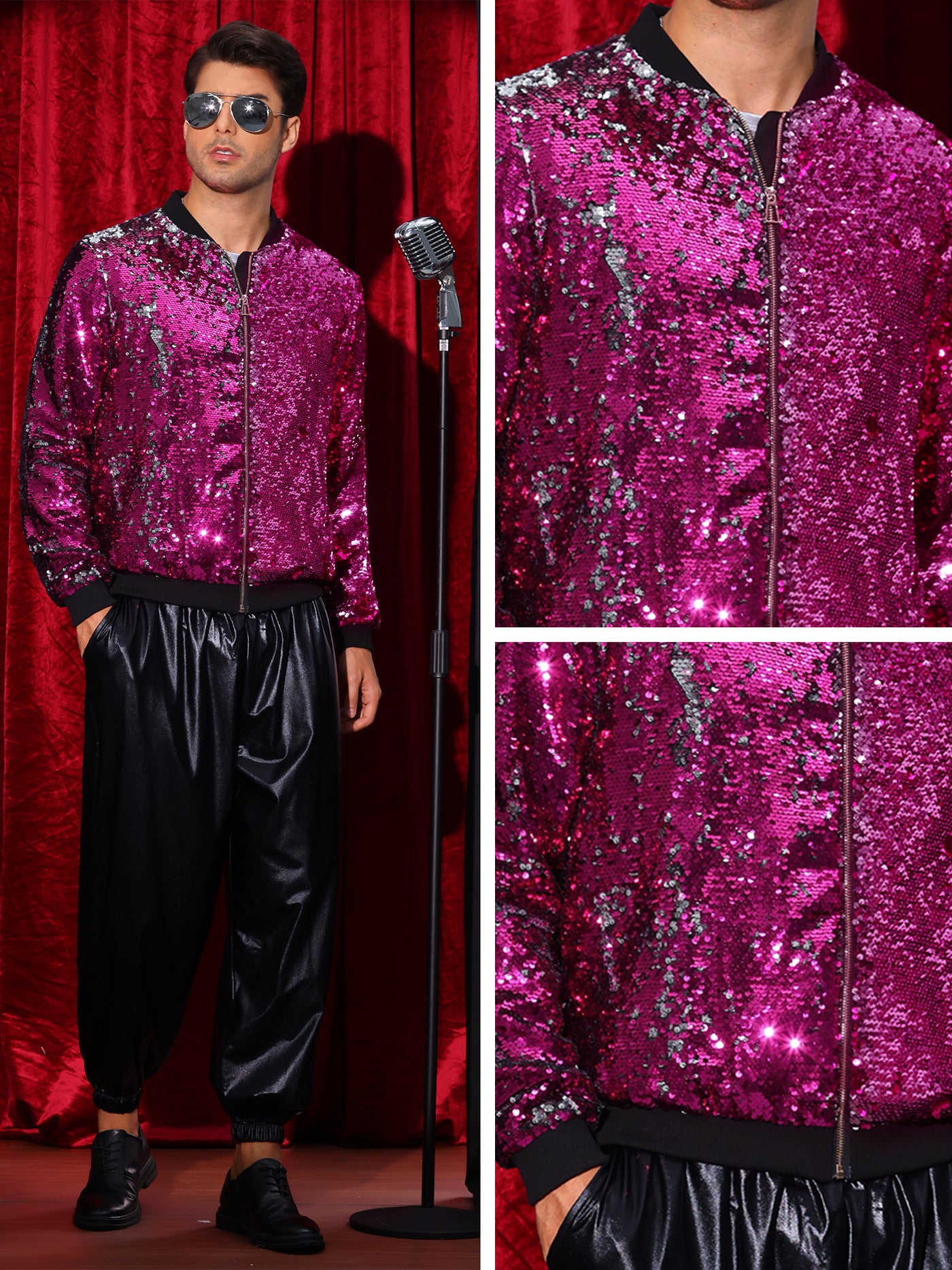 Bublédon Shiny Sequin BomberJacket for Men's Zip Up Party Disco Metallic Varsity Jackets