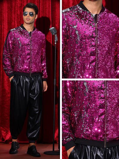 Shiny Sequin BomberJacket for Men's Zip Up Party Disco Metallic Varsity Jackets