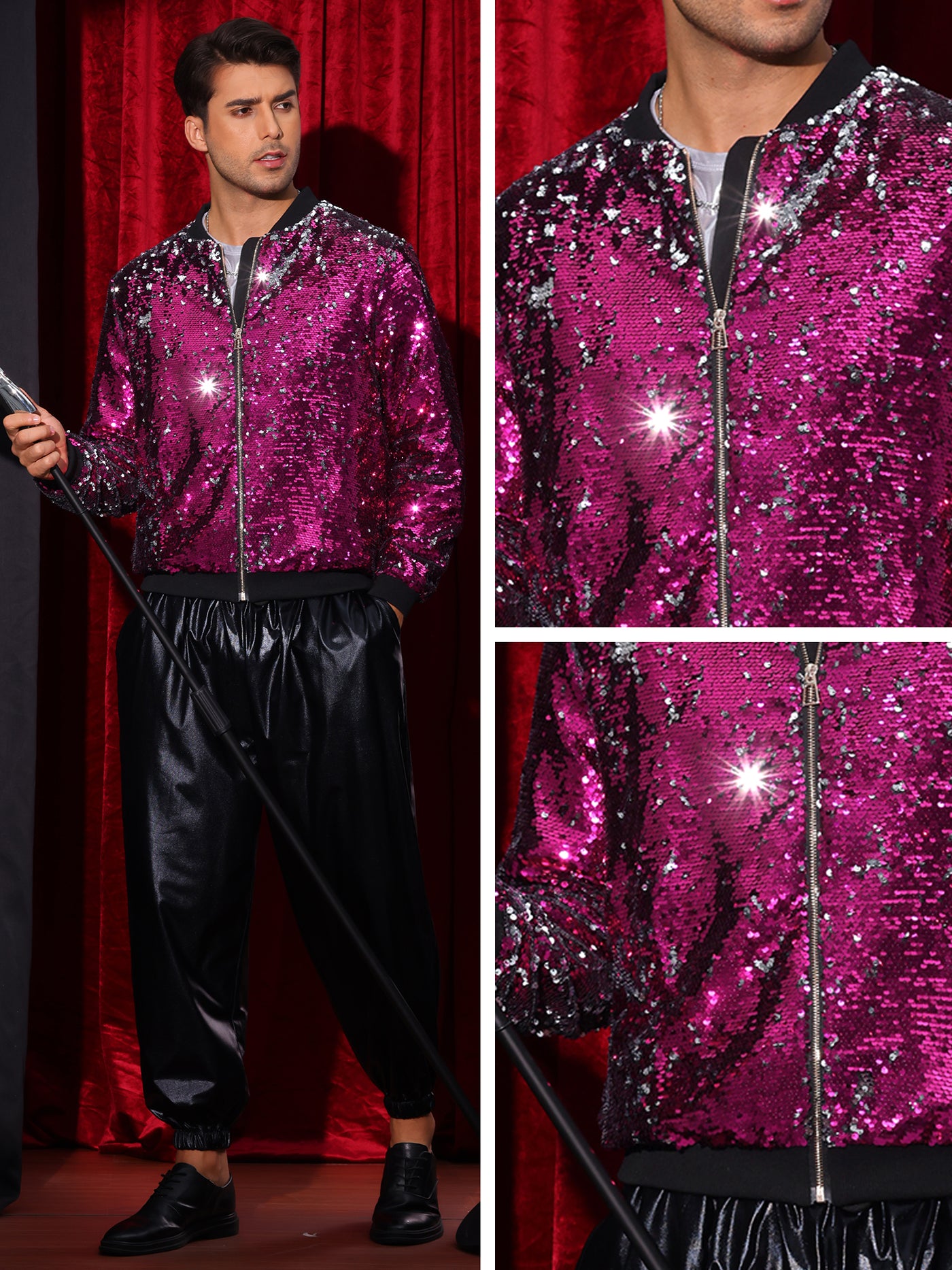 Bublédon Shiny Sequin BomberJacket for Men's Zip Up Party Disco Metallic Varsity Jackets