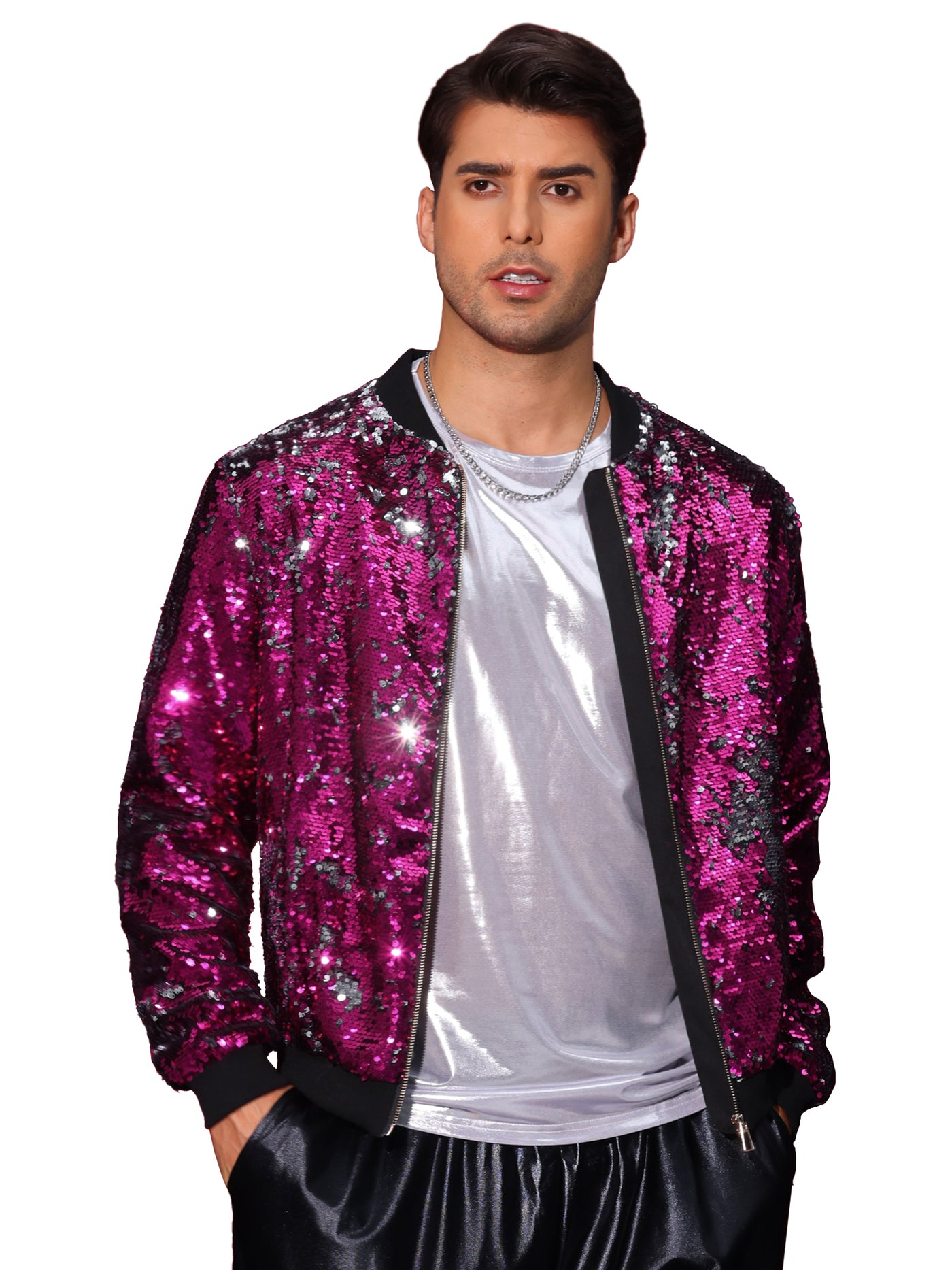 Bublédon Shiny Sequin BomberJacket for Men's Zip Up Party Disco Metallic Varsity Jackets