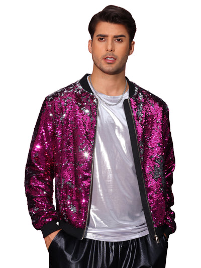 Shiny Sequin BomberJacket for Men's Zip Up Party Disco Metallic Varsity Jackets