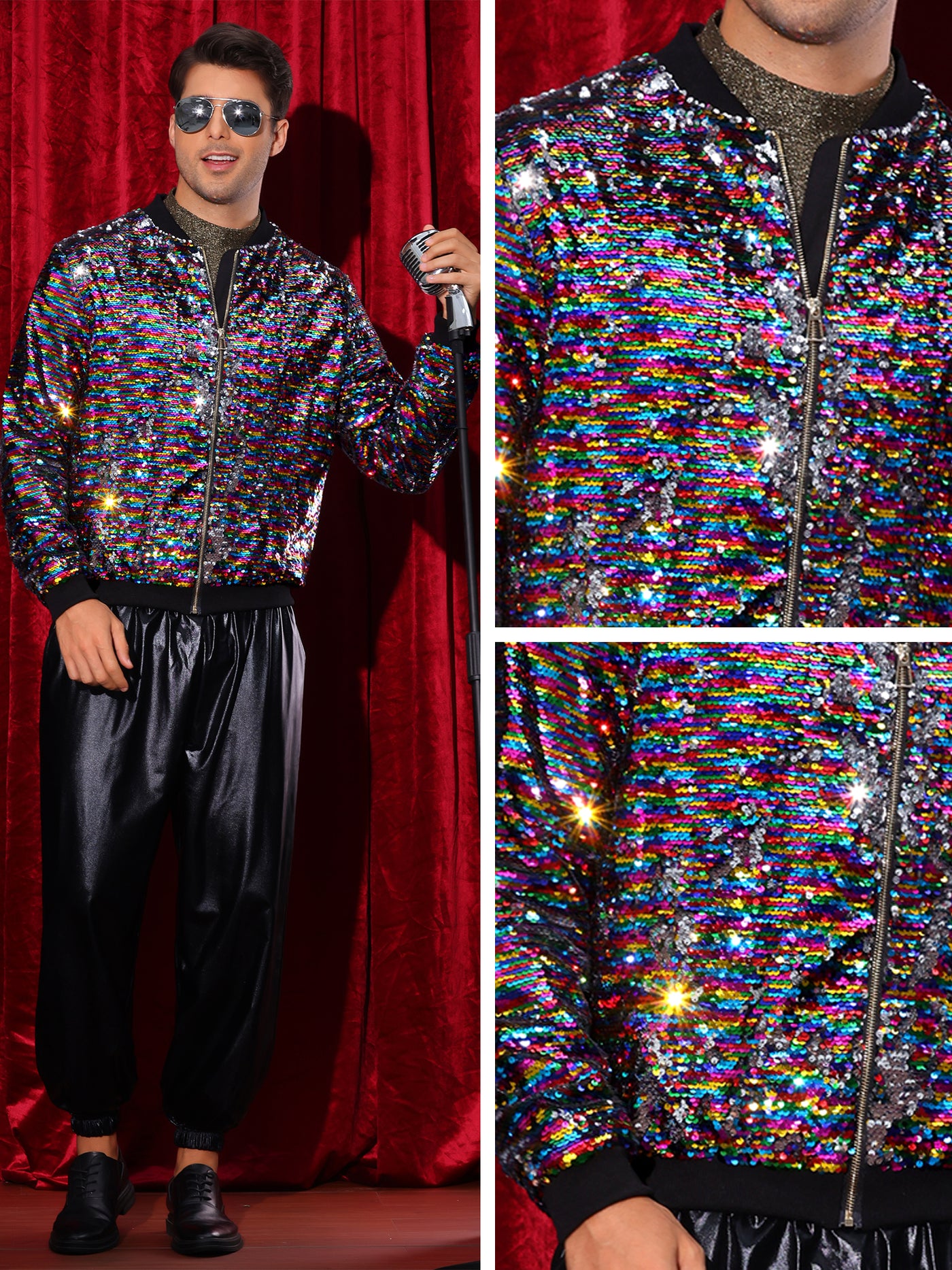 Bublédon Shiny Sequin BomberJacket for Men's Zip Up Party Disco Metallic Varsity Jackets