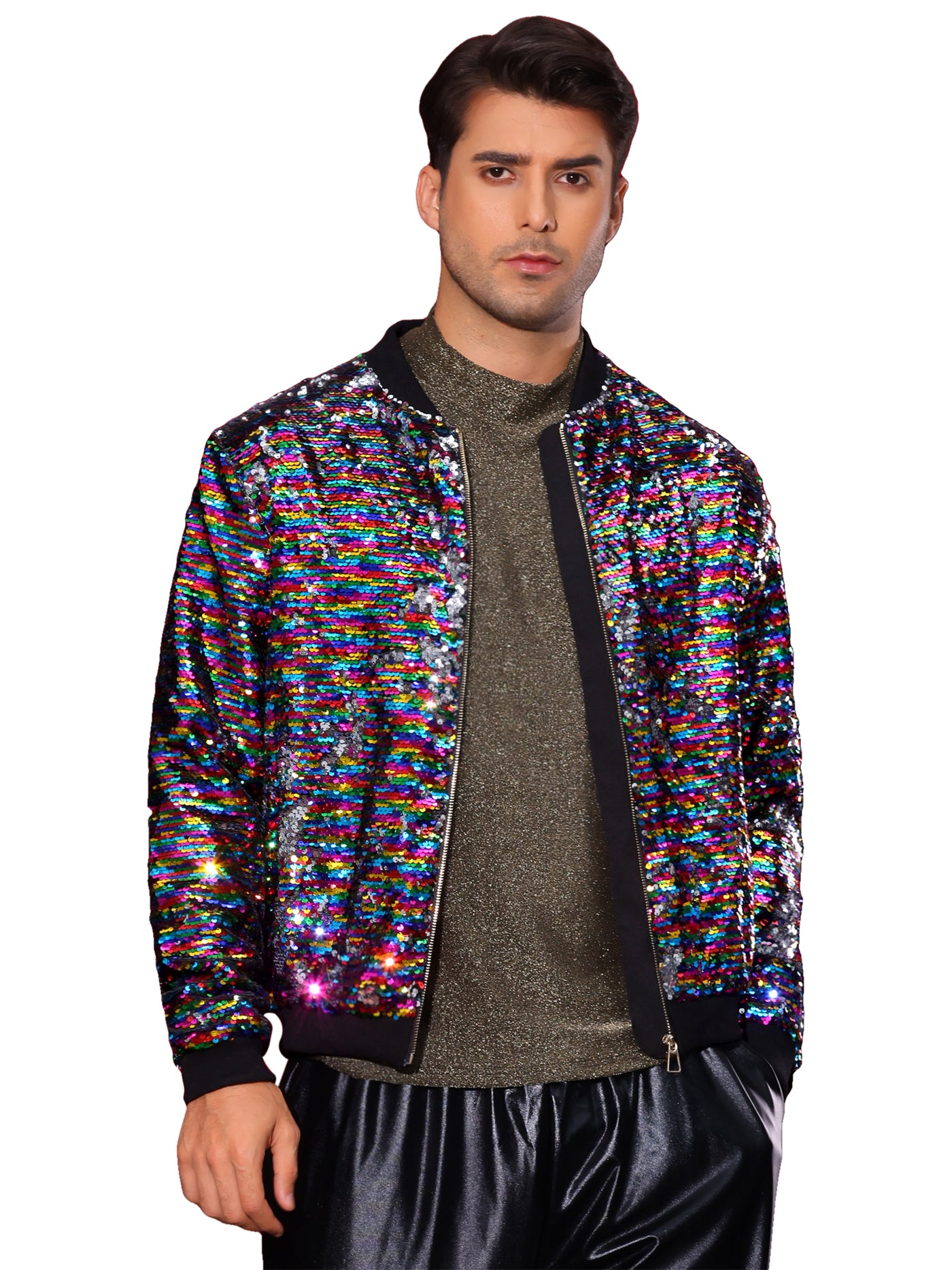 Bublédon Shiny Sequin BomberJacket for Men's Zip Up Party Disco Metallic Varsity Jackets