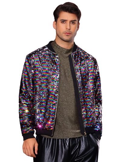 Shiny Sequin BomberJacket for Men's Zip Up Party Disco Metallic Varsity Jackets