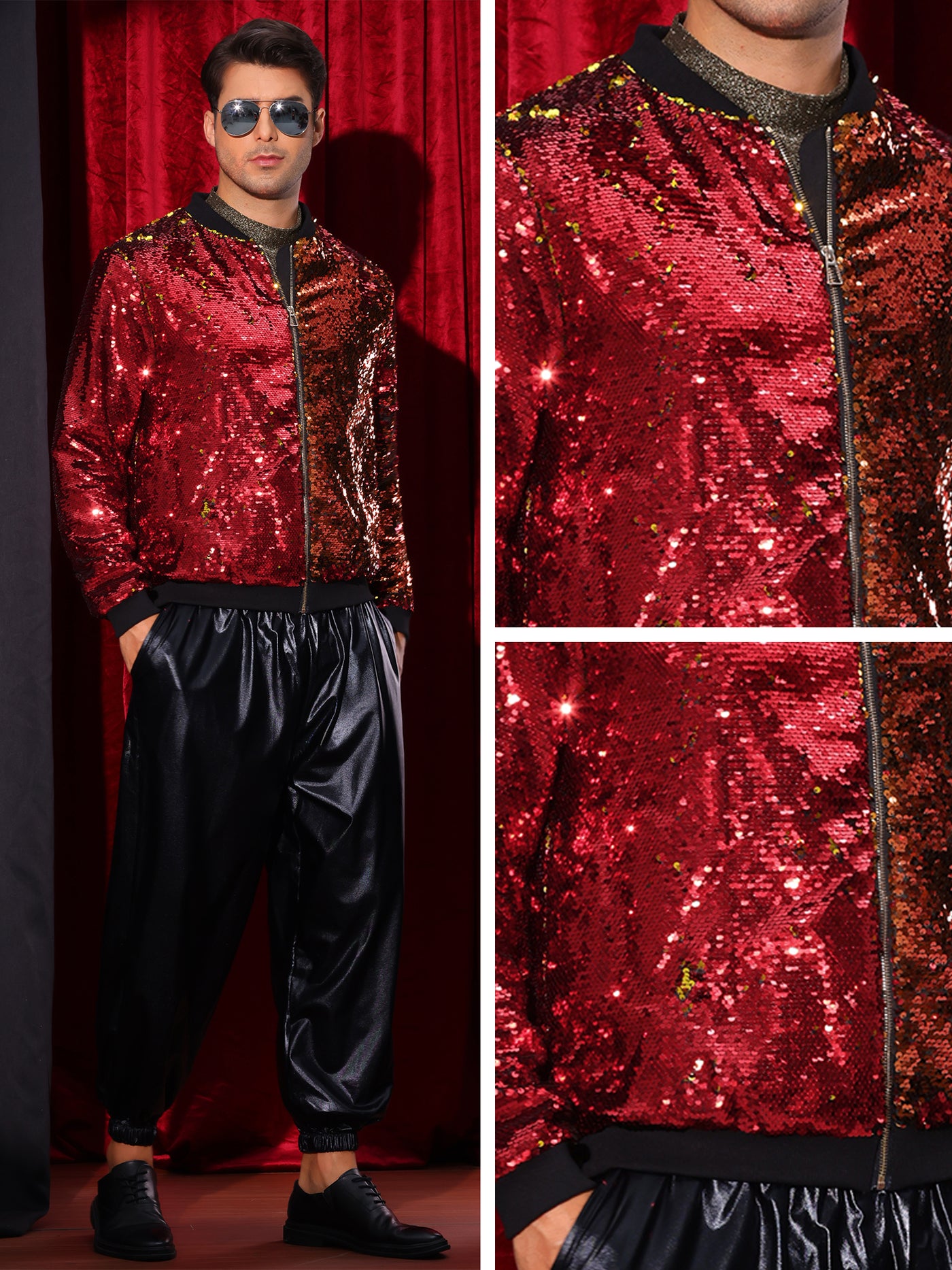 Bublédon Shiny Sequin BomberJacket for Men's Zip Up Party Disco Metallic Varsity Jackets