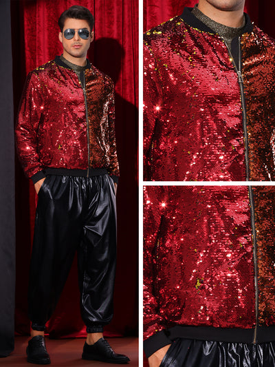 Shiny Sequin BomberJacket for Men's Zip Up Party Disco Metallic Varsity Jackets