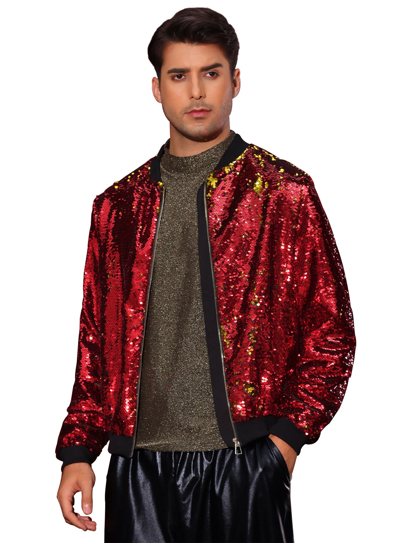 Bublédon Shiny Sequin BomberJacket for Men's Zip Up Party Disco Metallic Varsity Jackets