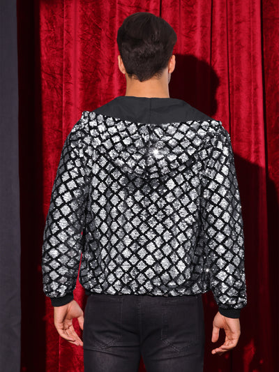 Shiny Sequins Jackets for Men's Long Sleeves Metallic Sparkle Argyle Printed Hooded Jacket