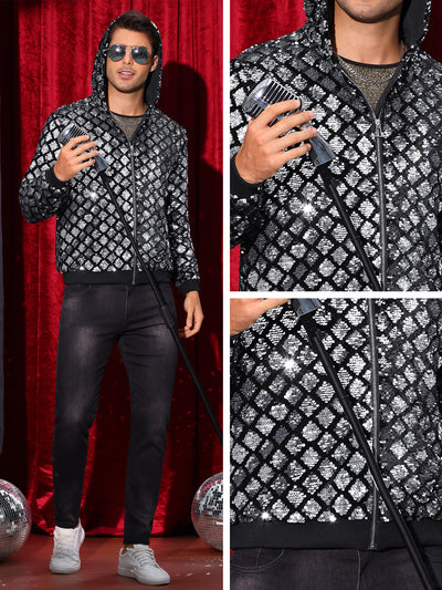 Shiny Sequins Jackets for Men's Long Sleeves Metallic Sparkle Argyle Printed Hooded Jacket